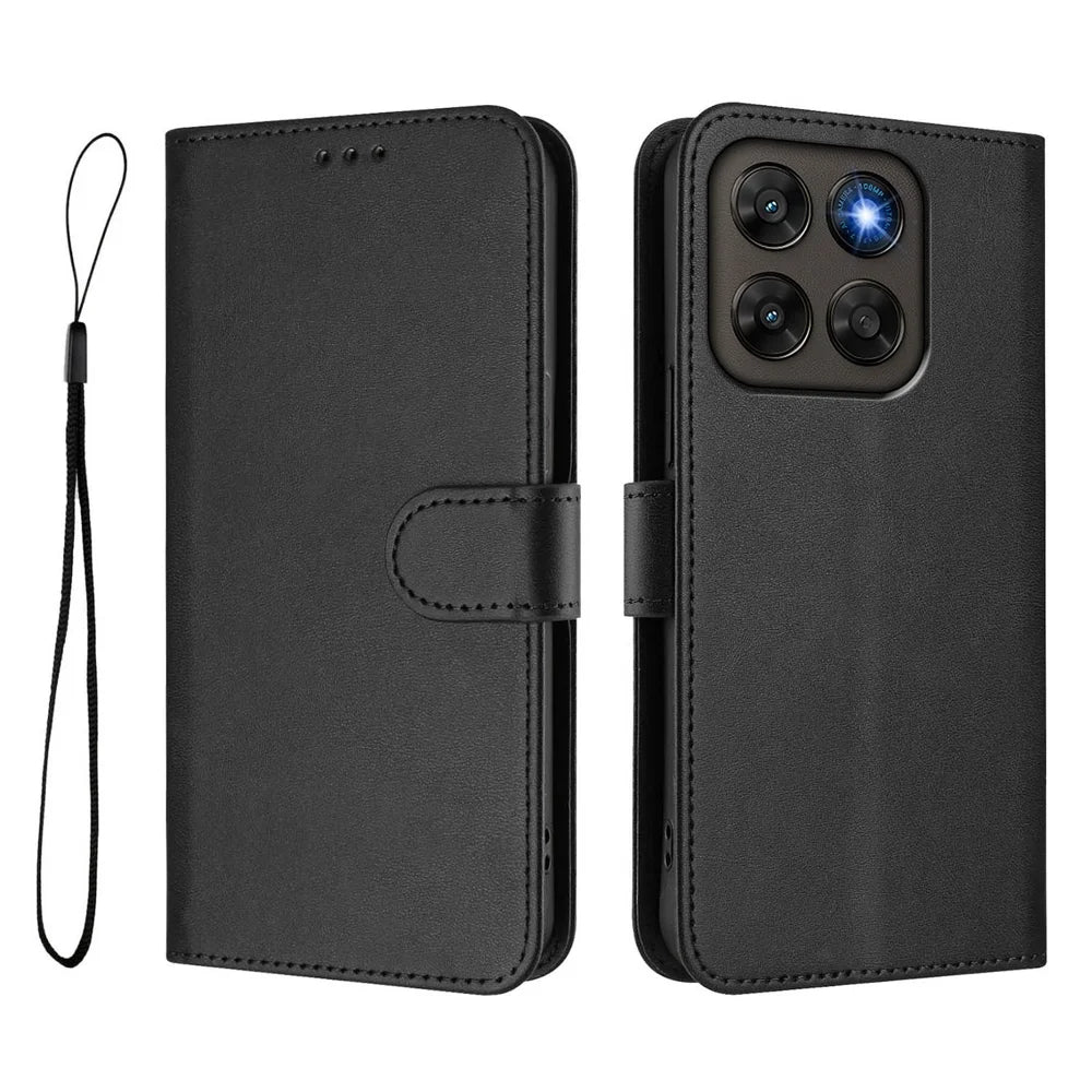 Wallet Case For Motorola Moto G87 5G / G77 5G / G67 5G RFID Blocking Calf Texture Leather Stand Phone Cover with Strap - Black - 1
