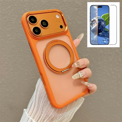 For iPhone 17 Pro Max Magnetic Case with Tempered Glass 360° Ring Kickstand Matte Translucent Cover Compatible with MagSafe - Orange - 1