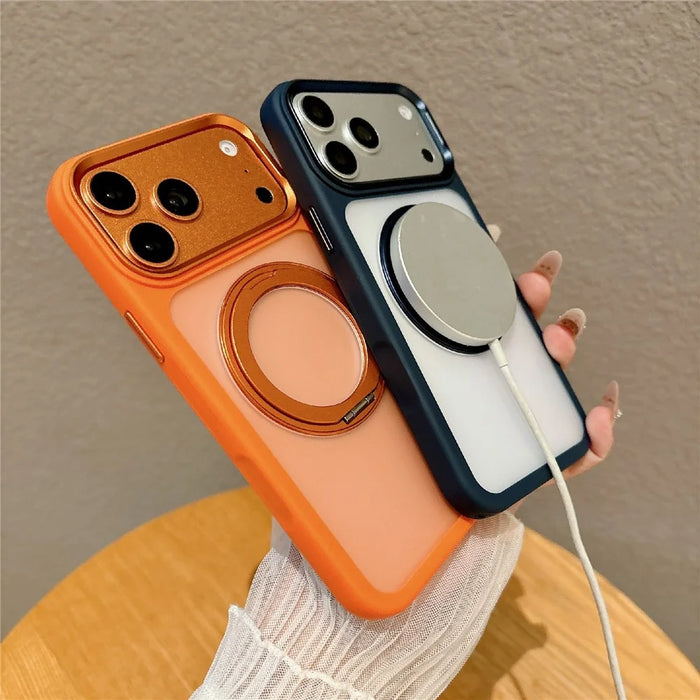 For iPhone 17 Pro Max Magnetic Case with Tempered Glass 360° Ring Kickstand Matte Translucent Cover Compatible with MagSafe - Orange - 2