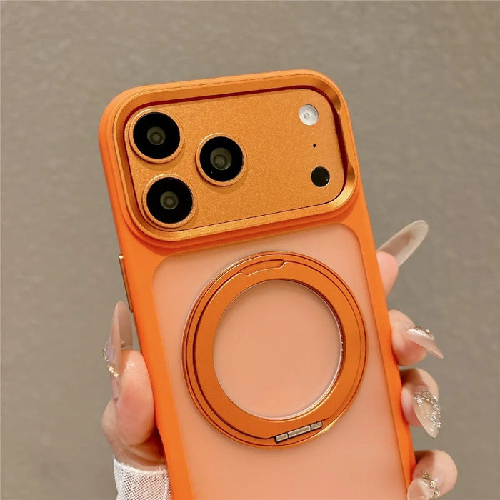 For iPhone 17 Pro Max Magnetic Case with Tempered Glass 360° Ring Kickstand Matte Translucent Cover Compatible with MagSafe - Orange - 6