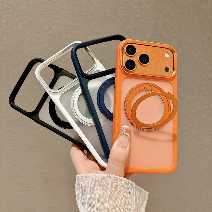 For iPhone 17 Pro Max Magnetic Case with Tempered Glass 360° Ring Kickstand Matte Translucent Cover Compatible with MagSafe - Orange - 7