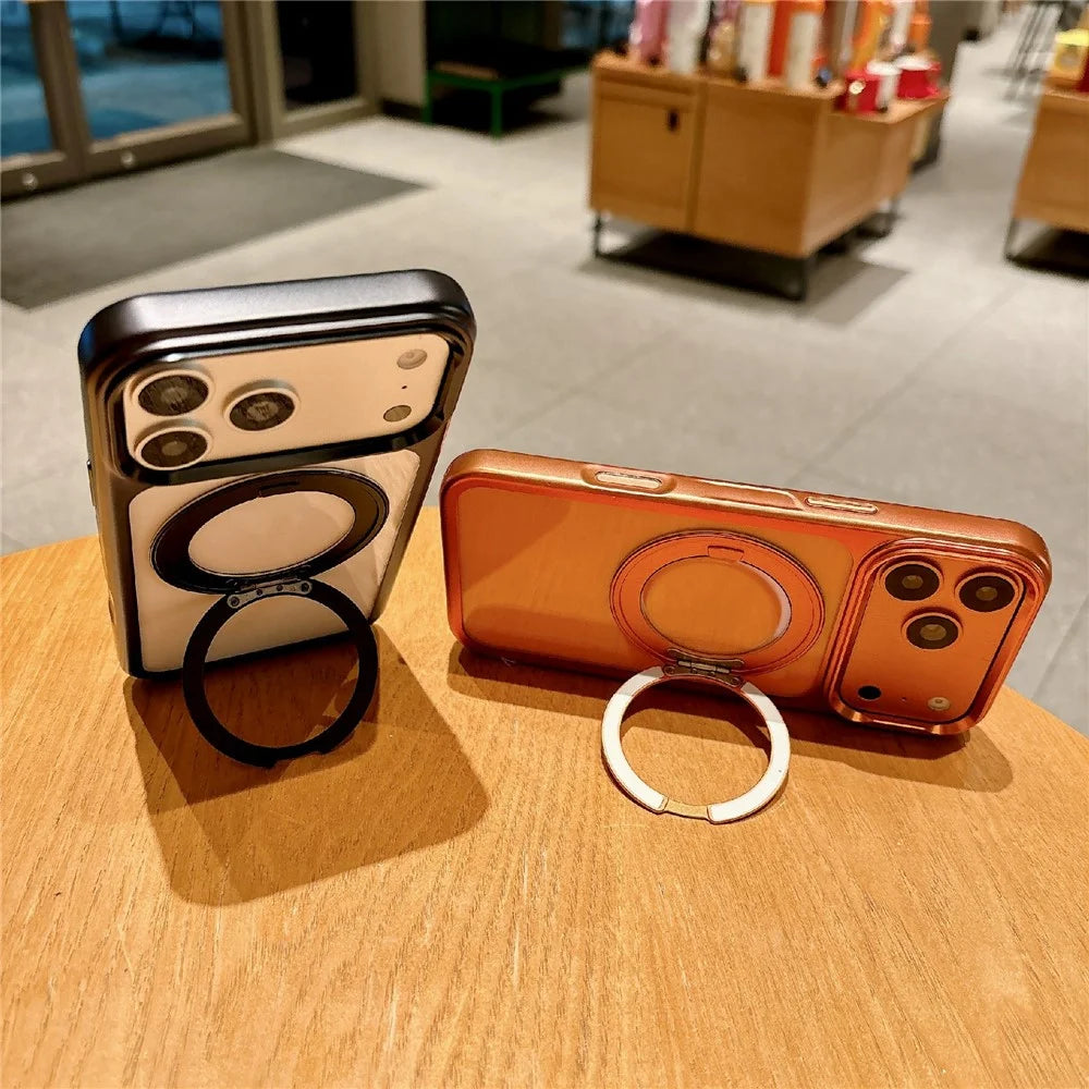 For iPhone 17 Pro Magnetic Case with Tempered Glass 360° Ring Kickstand  Electroplated PC TPU Phone Cover Compatible with MagSafe - Orange - 2