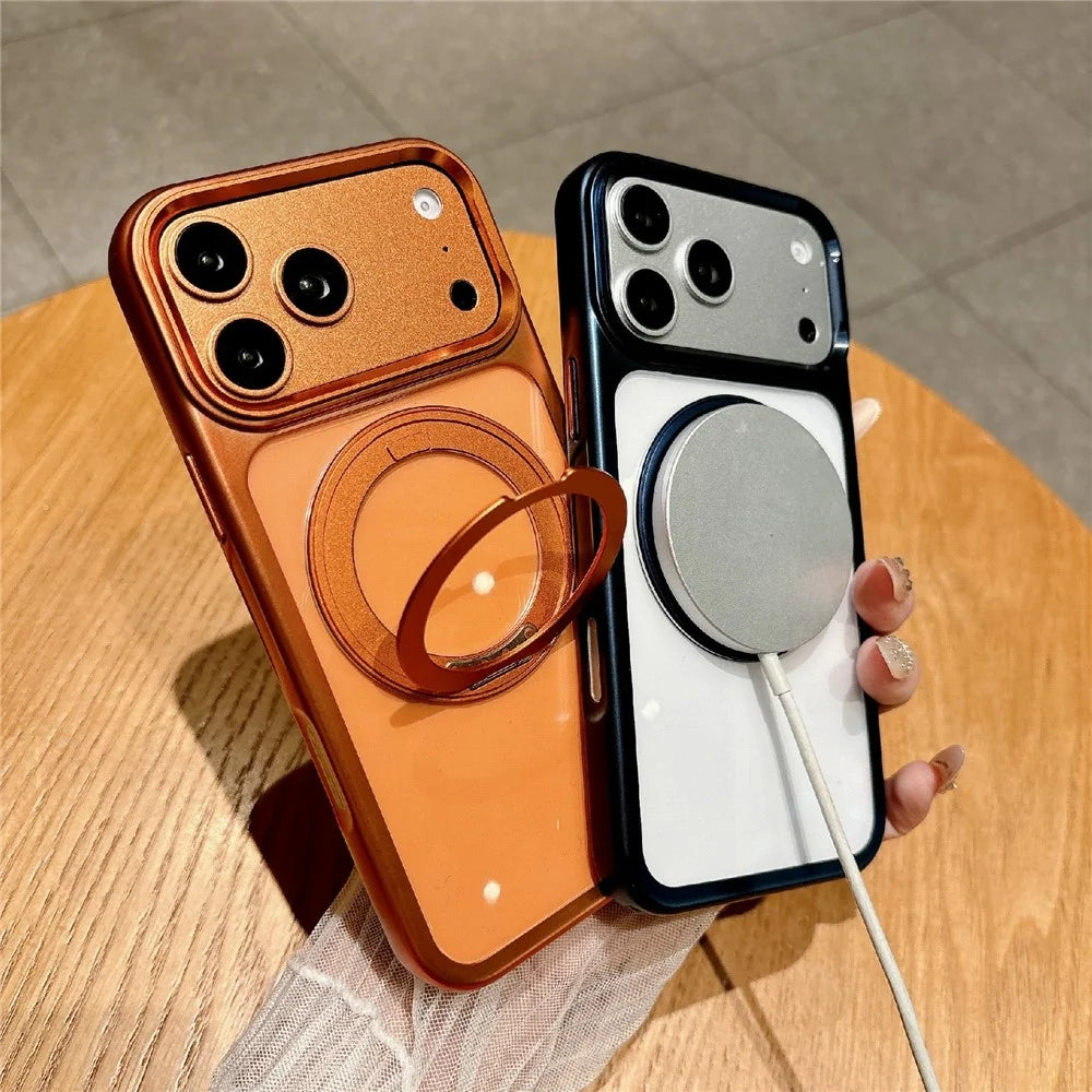 For iPhone 17 Pro Magnetic Case with Tempered Glass 360° Ring Kickstand  Electroplated PC TPU Phone Cover Compatible with MagSafe - Orange - 3