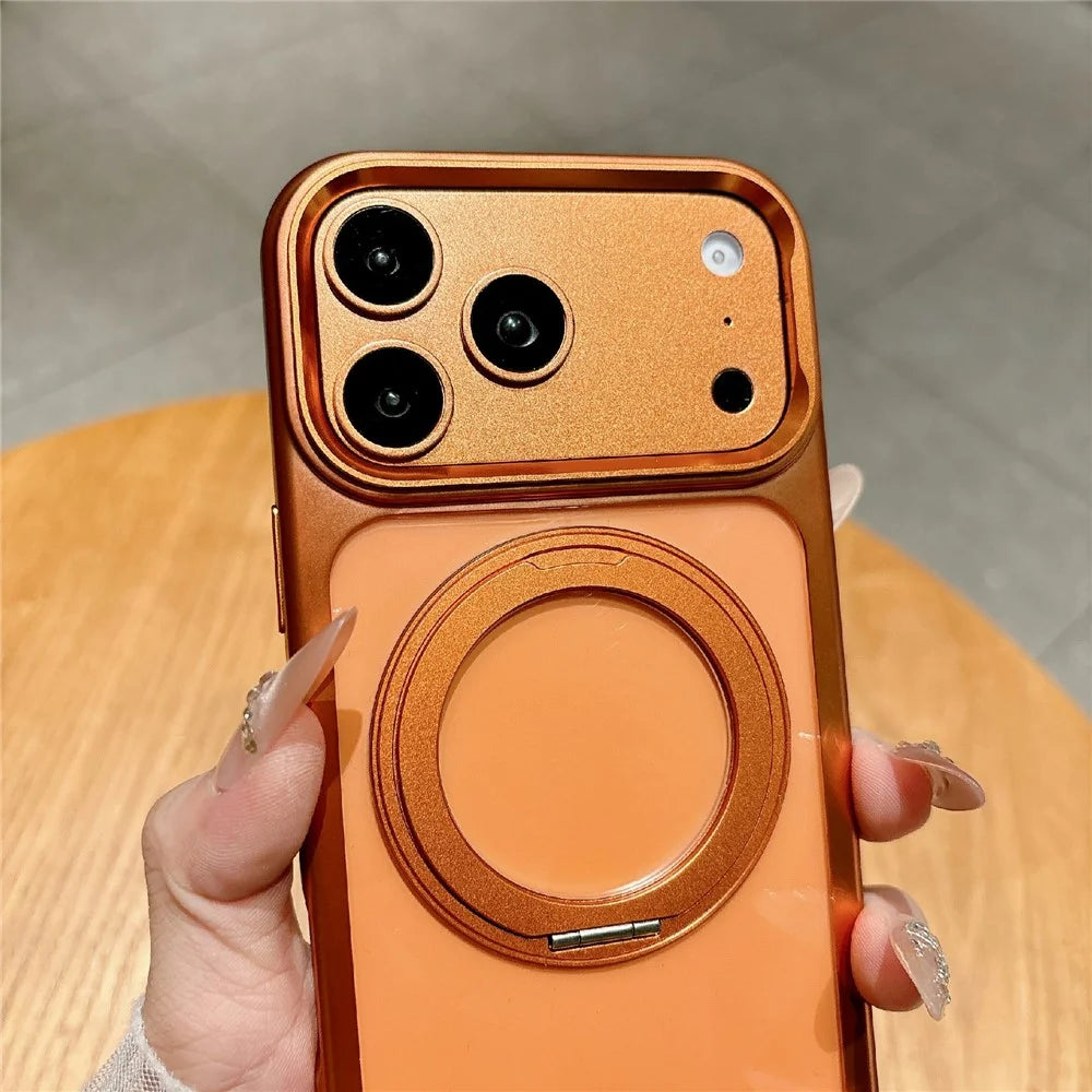 For iPhone 17 Pro Magnetic Case with Tempered Glass 360° Ring Kickstand  Electroplated PC TPU Phone Cover Compatible with MagSafe - Orange - 6