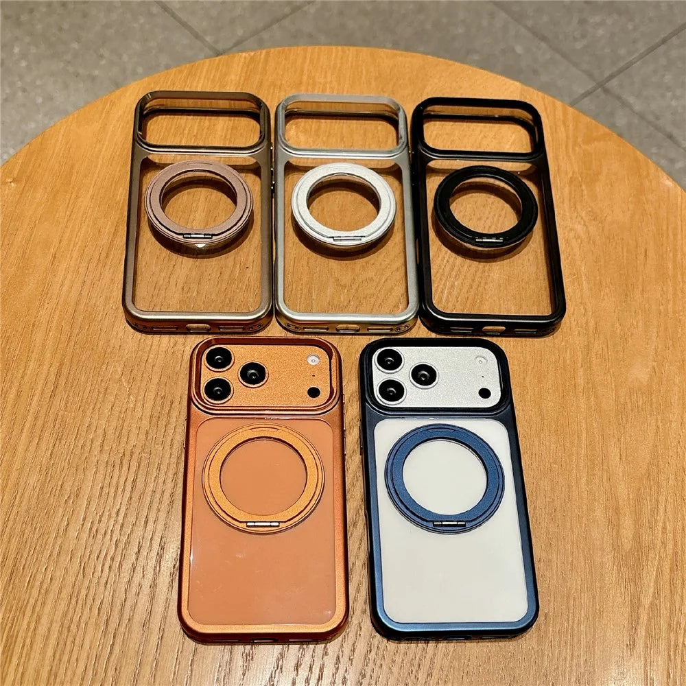 For iPhone 17 Pro Magnetic Case with Tempered Glass 360° Ring Kickstand  Electroplated PC TPU Phone Cover Compatible with MagSafe - Orange - 7