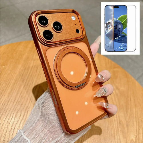 For iPhone 17 Pro Max Magnetic Case with Tempered Glass 360° Ring Kickstand  Electroplated PC TPU Phone Cover Compatible with MagSafe - Orange - 1