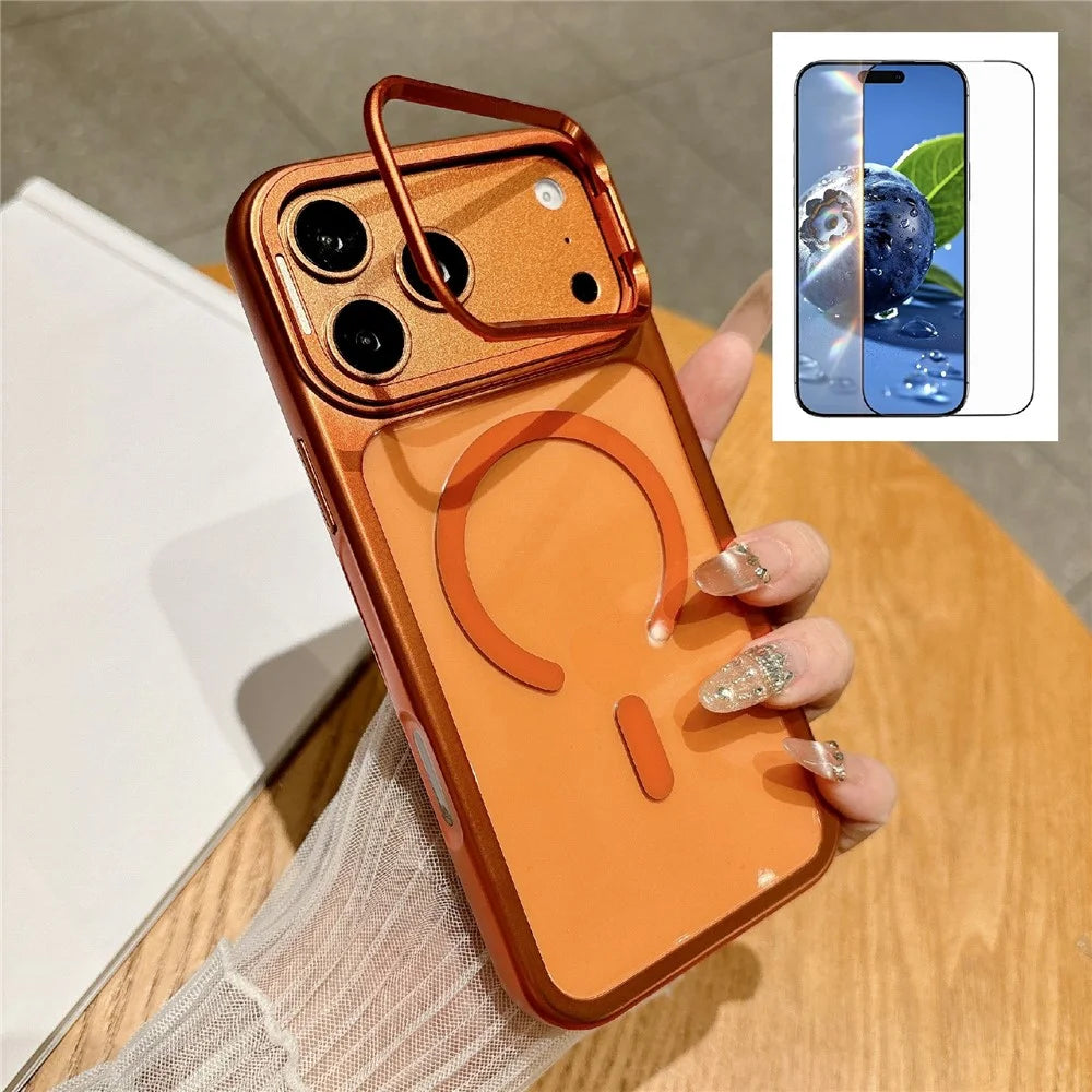 For iPhone 17 Pro Max Magnetic Case with Tempered Glass Screen Protector Lens Kickstand Electroplated Phone Cover Compatible with MagSafe - Orange - 1