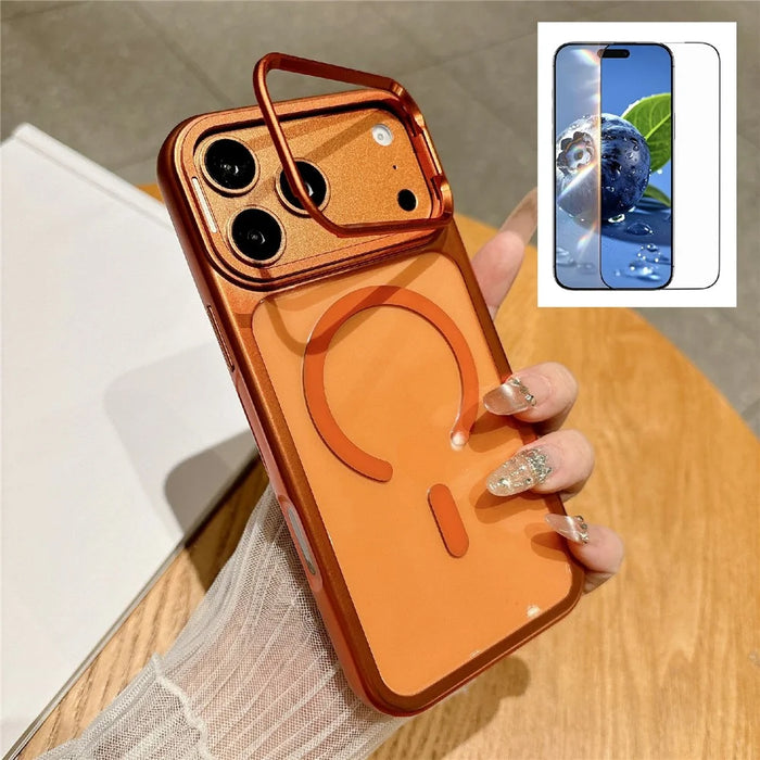 For iPhone 17 Pro Max Magnetic Case with Tempered Glass Screen Protector Lens Kickstand Electroplated Phone Cover Compatible with MagSafe - Orange - 1