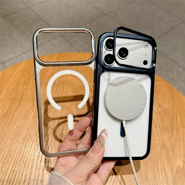 For iPhone 17 Pro Max Magnetic Case with Tempered Glass Screen Protector Lens Kickstand Electroplated Phone Cover Compatible with MagSafe - Orange - 3