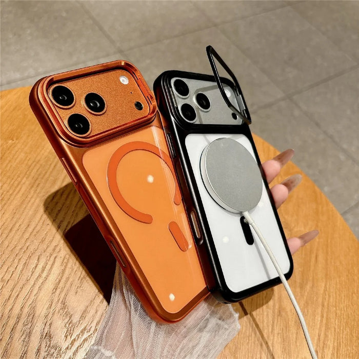 For iPhone 17 Pro Max Magnetic Case with Tempered Glass Screen Protector Lens Kickstand Electroplated Phone Cover Compatible with MagSafe - Orange - 4