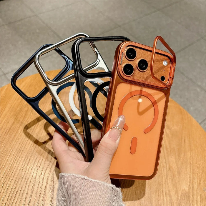For iPhone 17 Pro Max Magnetic Case with Tempered Glass Screen Protector Lens Kickstand Electroplated Phone Cover Compatible with MagSafe - Orange - 7