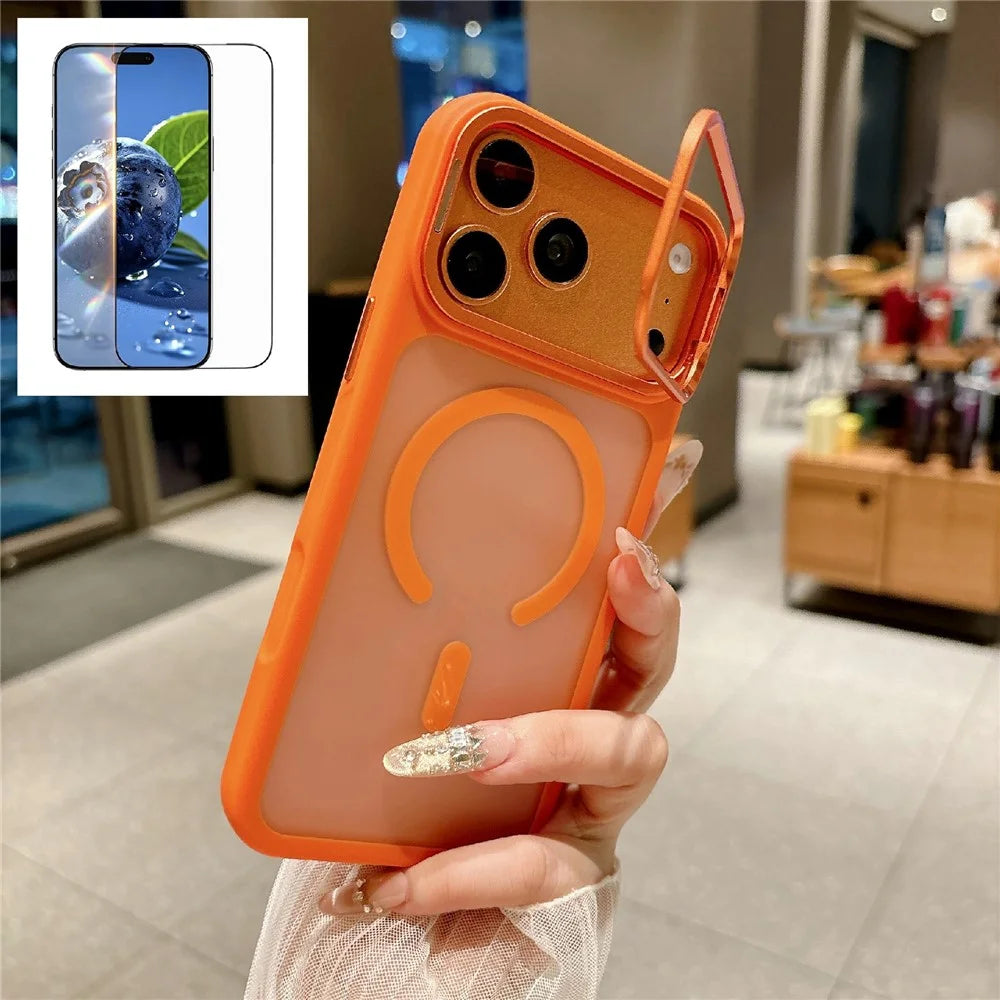 For iPhone 17 Pro Max Magnetic Case with Tempered Glass Screen Protector Lens Kickstand Frosted Shockproof Cover - Orange - 1