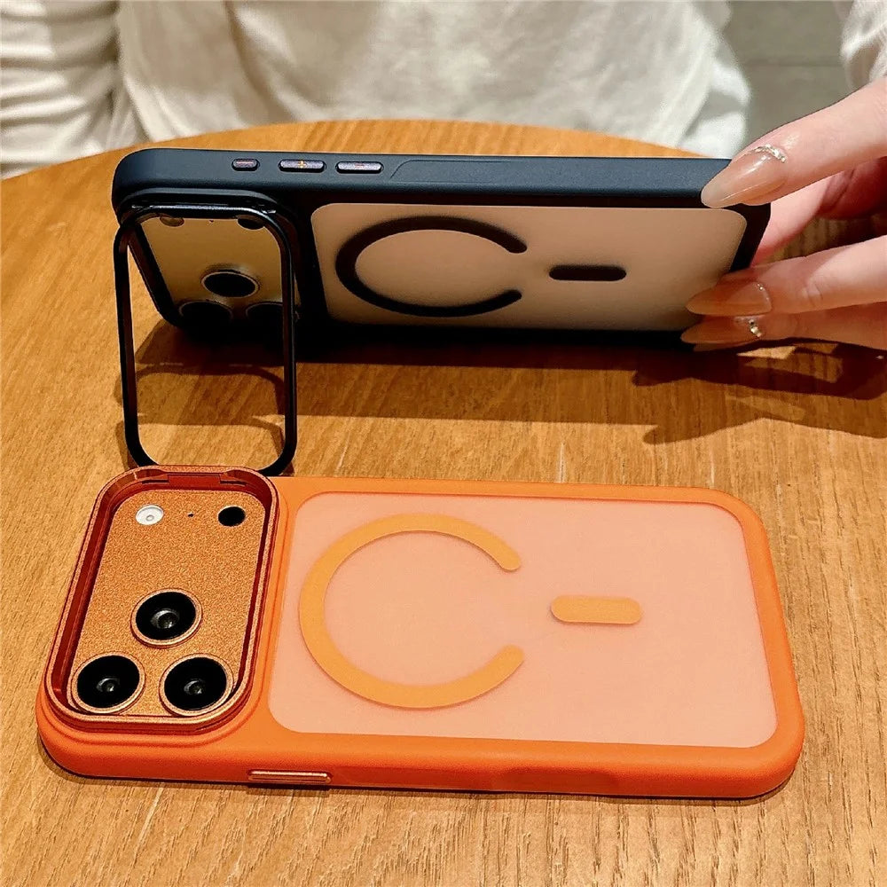 For iPhone 17 Pro Max Magnetic Case with Tempered Glass Screen Protector Lens Kickstand Frosted Shockproof Cover - Orange - 2