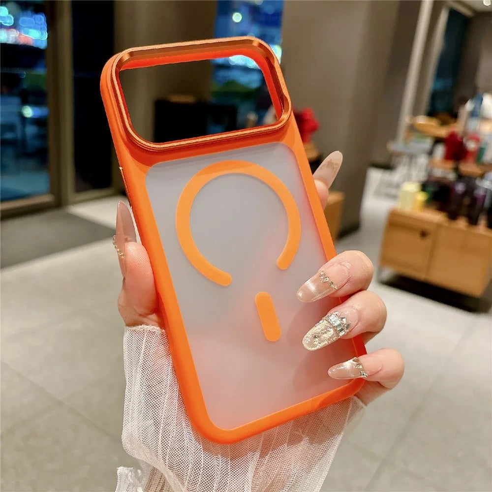For iPhone 17 Pro Max Magnetic Case with Tempered Glass Screen Protector Lens Kickstand Frosted Shockproof Cover - Orange - 3