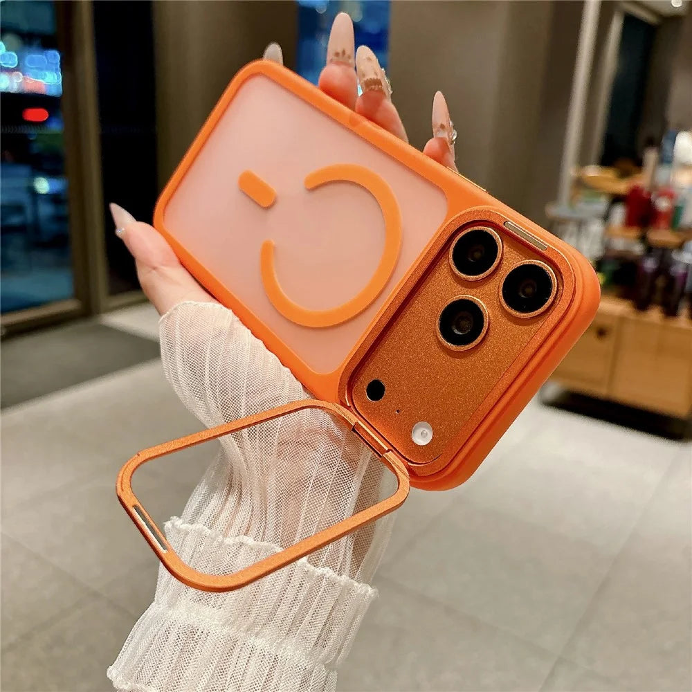For iPhone 17 Pro Max Magnetic Case with Tempered Glass Screen Protector Lens Kickstand Frosted Shockproof Cover - Orange - 4