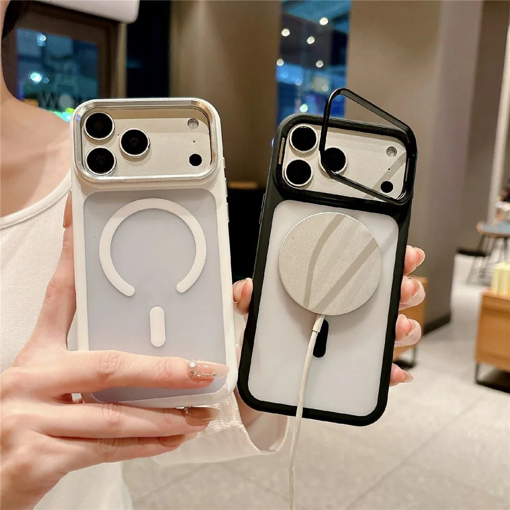 For iPhone 17 Pro Magnetic Case with Tempered Glass Screen Protector Lens Kickstand Frosted Shockproof Cover - Orange - 7