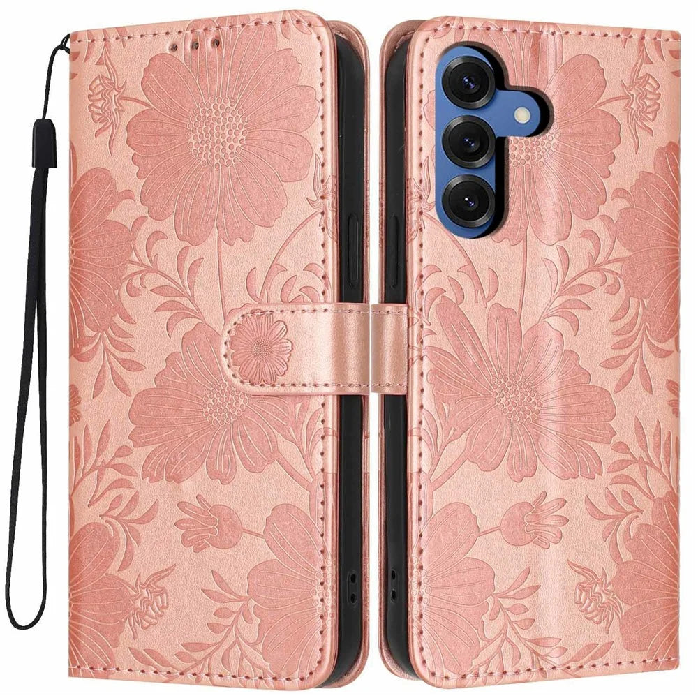 For Samsung Galaxy S26 Wallet Case Imprint Floral PU Leather Stand Flip Phone Cover with Wrist Strap - Rose Gold - 1