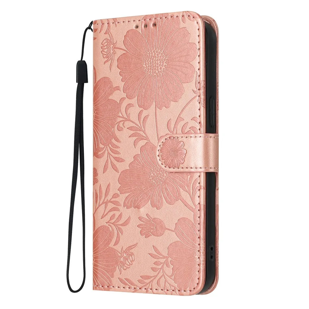 For Samsung Galaxy S26 Wallet Case Imprint Floral PU Leather Stand Flip Phone Cover with Wrist Strap - Rose Gold - 2