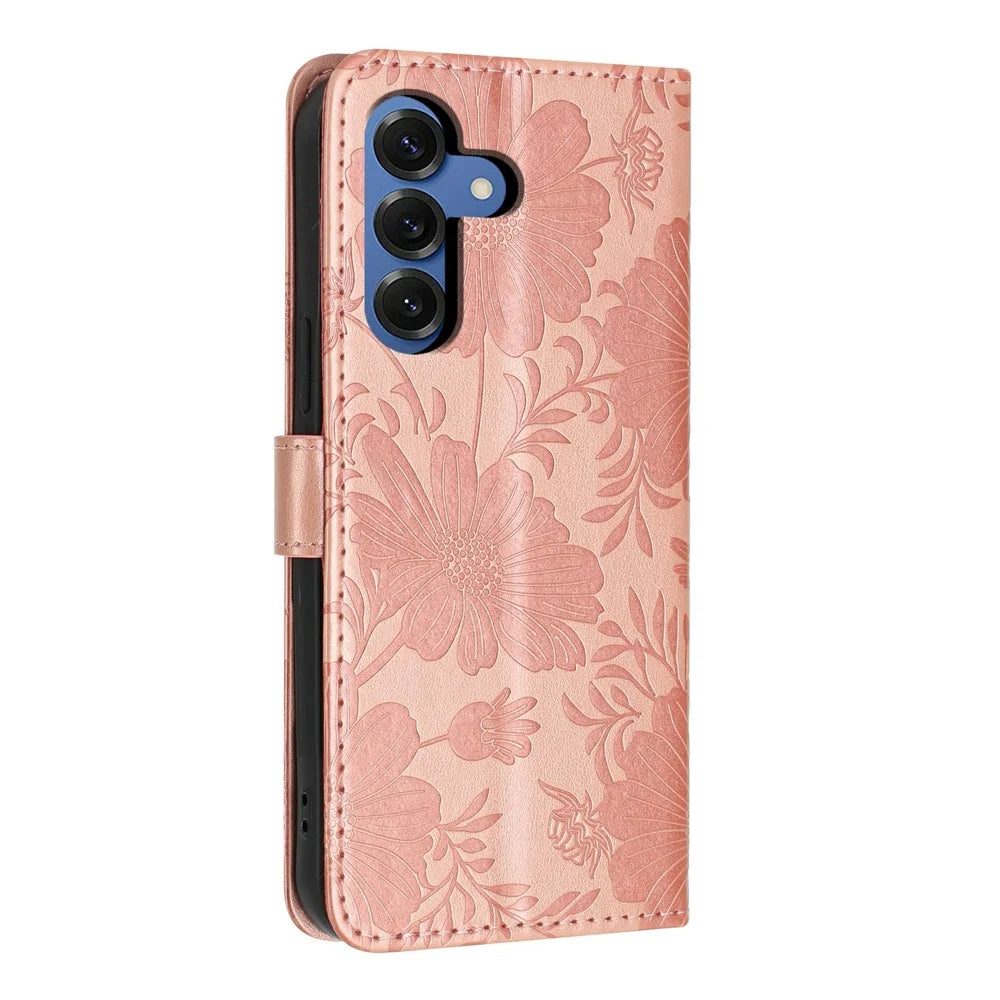 For Samsung Galaxy S26 Wallet Case Imprint Floral PU Leather Stand Flip Phone Cover with Wrist Strap - Rose Gold - 3