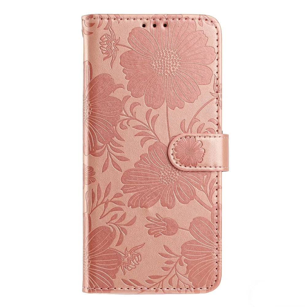 For Samsung Galaxy S26 Wallet Case Imprint Floral PU Leather Stand Flip Phone Cover with Wrist Strap - Rose Gold - 4
