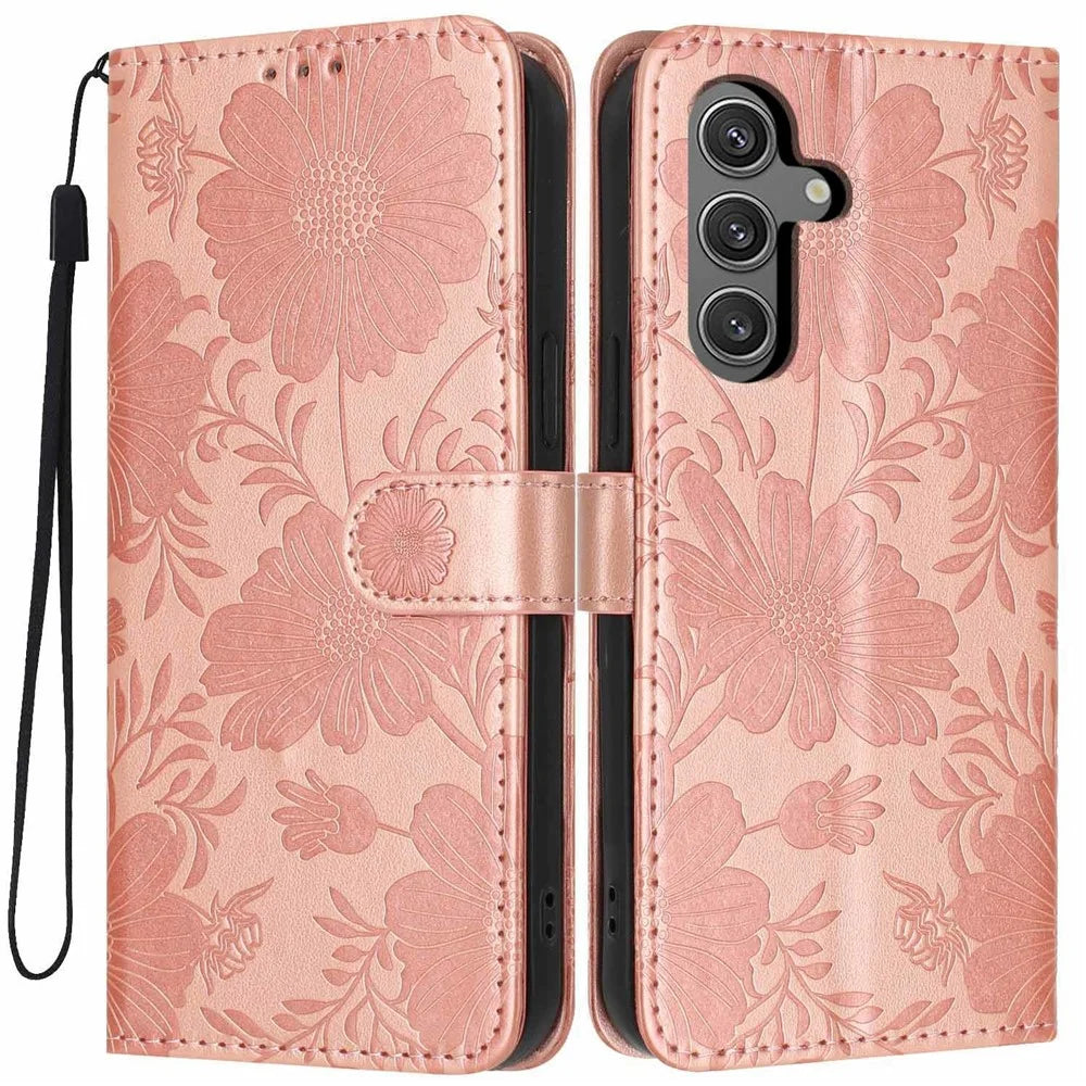 For Samsung Galaxy S25 FE Wallet Case Imprint Floral PU Leather Stand Flip Phone Cover with Wrist Strap - Rose Gold - 1