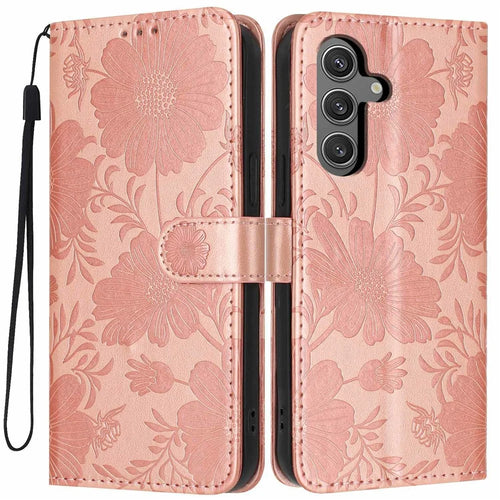 For Samsung Galaxy S25 FE Wallet Case Imprint Floral PU Leather Stand Flip Phone Cover with Wrist Strap - Rose Gold - 1