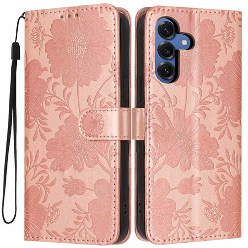 For Samsung Galaxy S25 Wallet Case Imprint Floral PU Leather Stand Flip Phone Cover with Wrist Strap - Rose Gold - 1