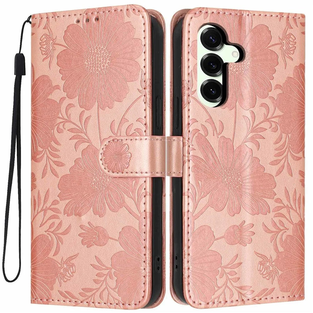 For Samsung Galaxy S25+ Wallet Case Imprint Floral PU Leather Stand Flip Phone Cover with Wrist Strap - Rose Gold - 1