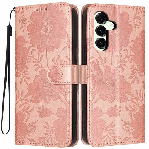 For Samsung Galaxy S25+ Wallet Case Imprint Floral PU Leather Stand Flip Phone Cover with Wrist Strap - Rose Gold - 1