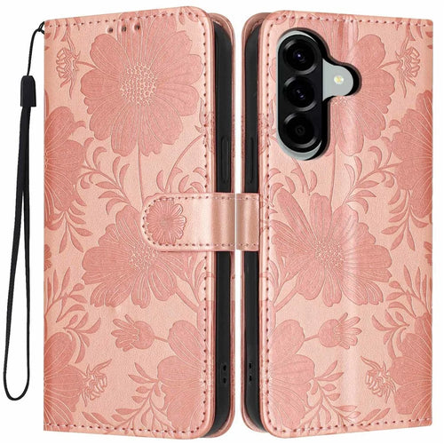 For Samsung Galaxy A56 5G Wallet Case Imprint Floral PU Leather Stand Flip Phone Cover with Wrist Strap - Rose Gold - 1