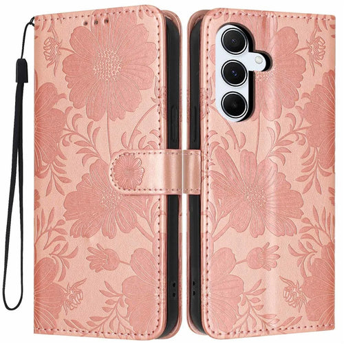 For Samsung Galaxy A55 5G Wallet Case Imprint Floral PU Leather Stand Flip Phone Cover with Wrist Strap - Rose Gold - 1