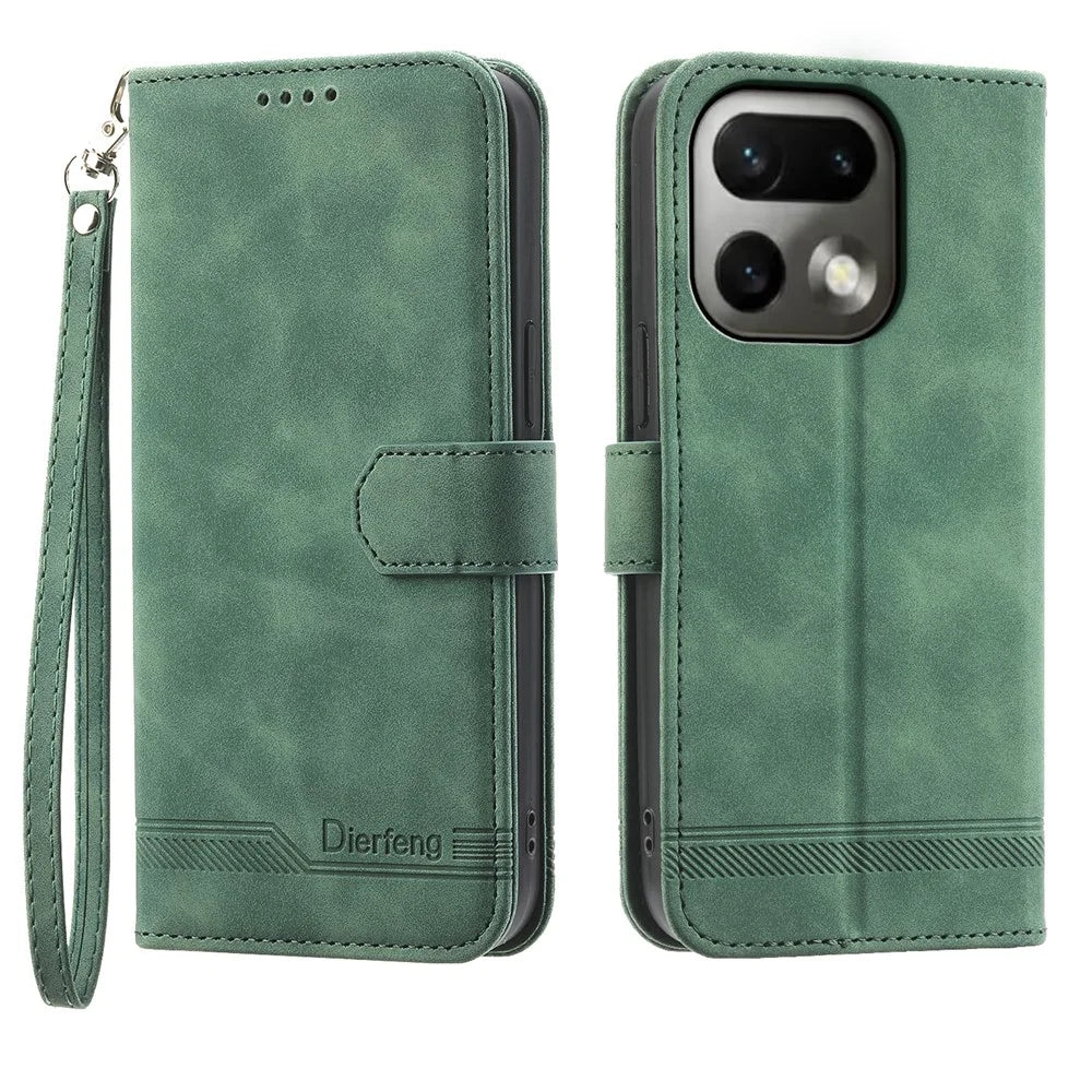 DIERFENG DF-03 For Realme 16 Pro 5G Leather Case Lines Imprint Wallet Phone Cover with Wrist Strap - Green - 1