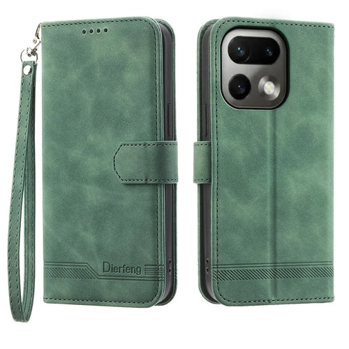 DIERFENG DF-03 For Realme 16 Pro 5G Leather Case Lines Imprint Wallet Phone Cover with Wrist Strap - Green - 1