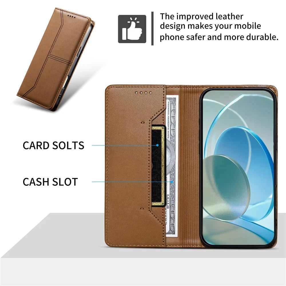 For Realme 16 Pro+ 5G Wallet Stand Case Line Splicing TPU PU Leather Phone Cover - Brown - 5