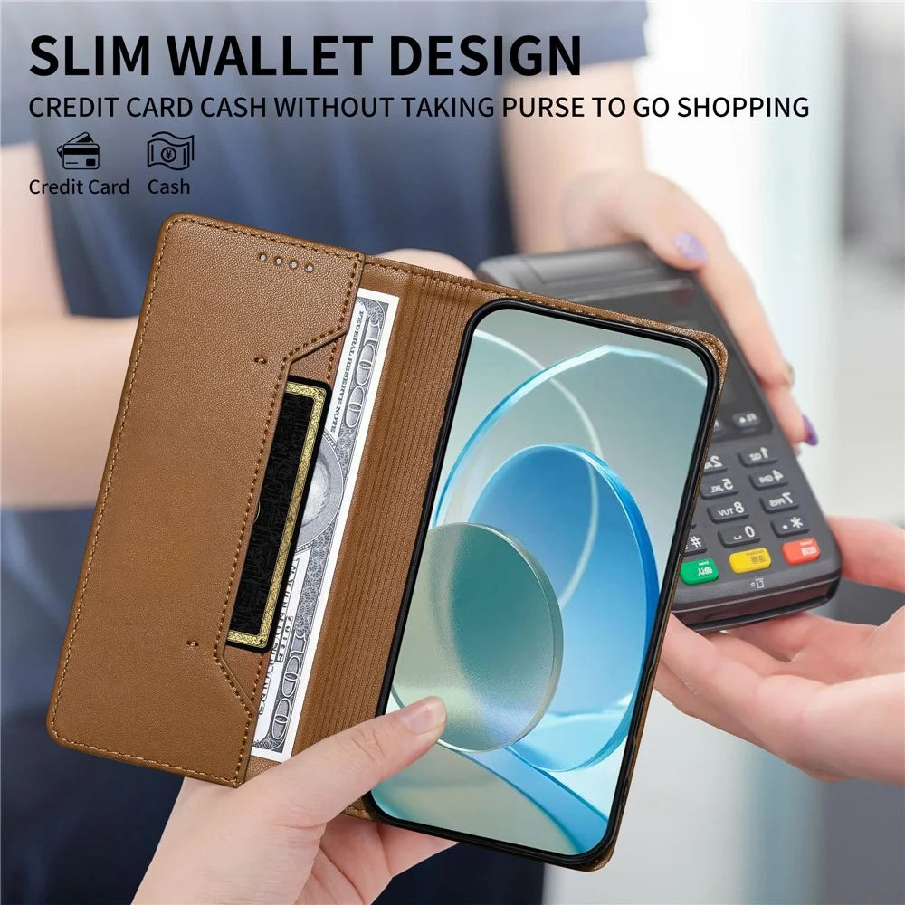 For Realme 16 Pro+ 5G Wallet Stand Case Line Splicing TPU PU Leather Phone Cover - Brown - 6