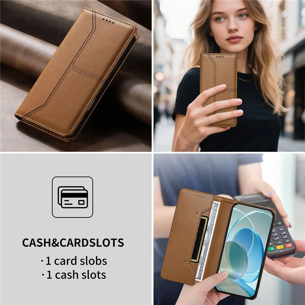 For Realme 16 Pro+ 5G Wallet Stand Case Line Splicing TPU PU Leather Phone Cover - Brown - 7