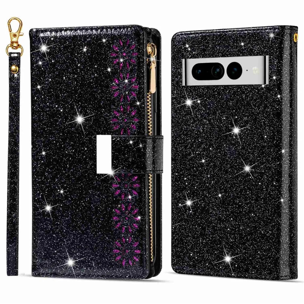 For Google Pixel 7 Pro 5G Zipper Wallet Stand PU Leather Phone Case Flip Laser Carving Glittery Starry Style Shockproof Phone Cover with Strap - Black - 1