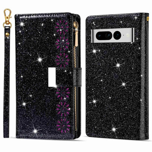 For Google Pixel 7 Pro 5G Zipper Wallet Stand PU Leather Phone Case Flip Laser Carving Glittery Starry Style Shockproof Phone Cover with Strap - Black - 1