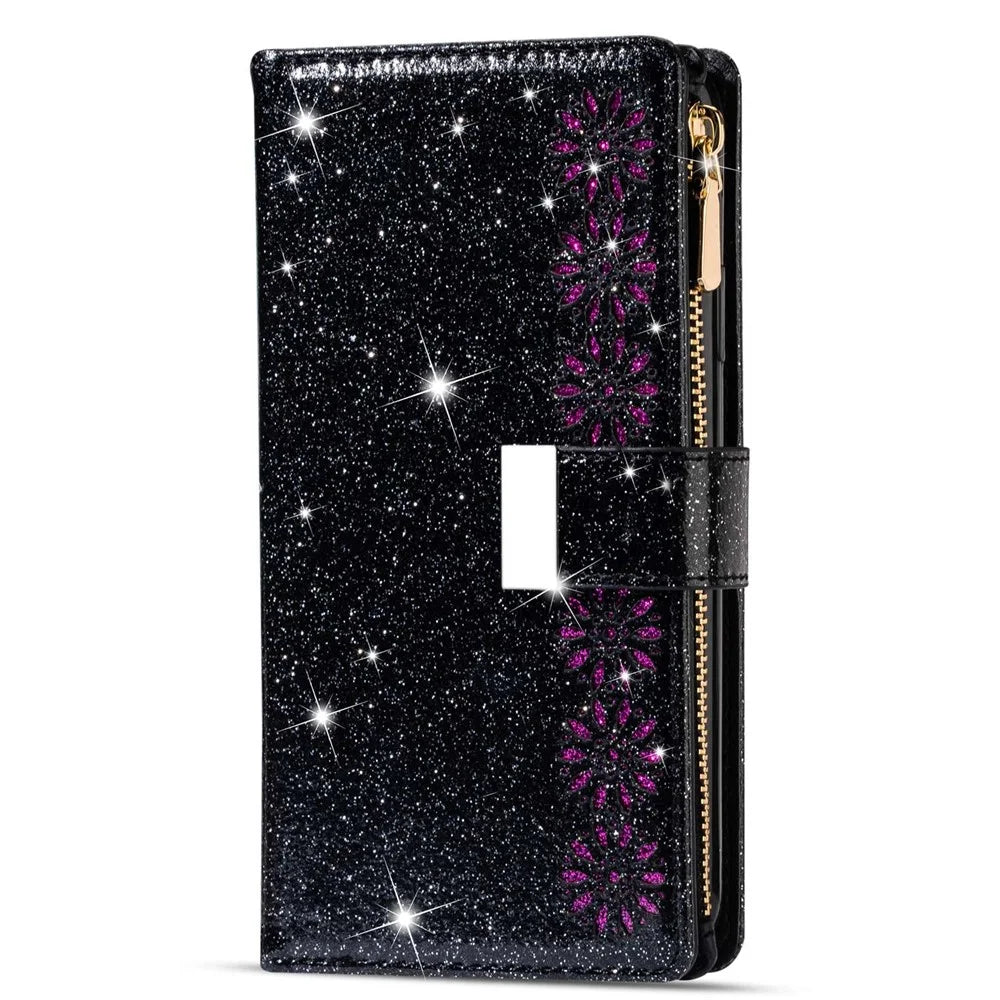 For Google Pixel 7 Pro 5G Zipper Wallet Stand PU Leather Phone Case Flip Laser Carving Glittery Starry Style Shockproof Phone Cover with Strap - Black - 7