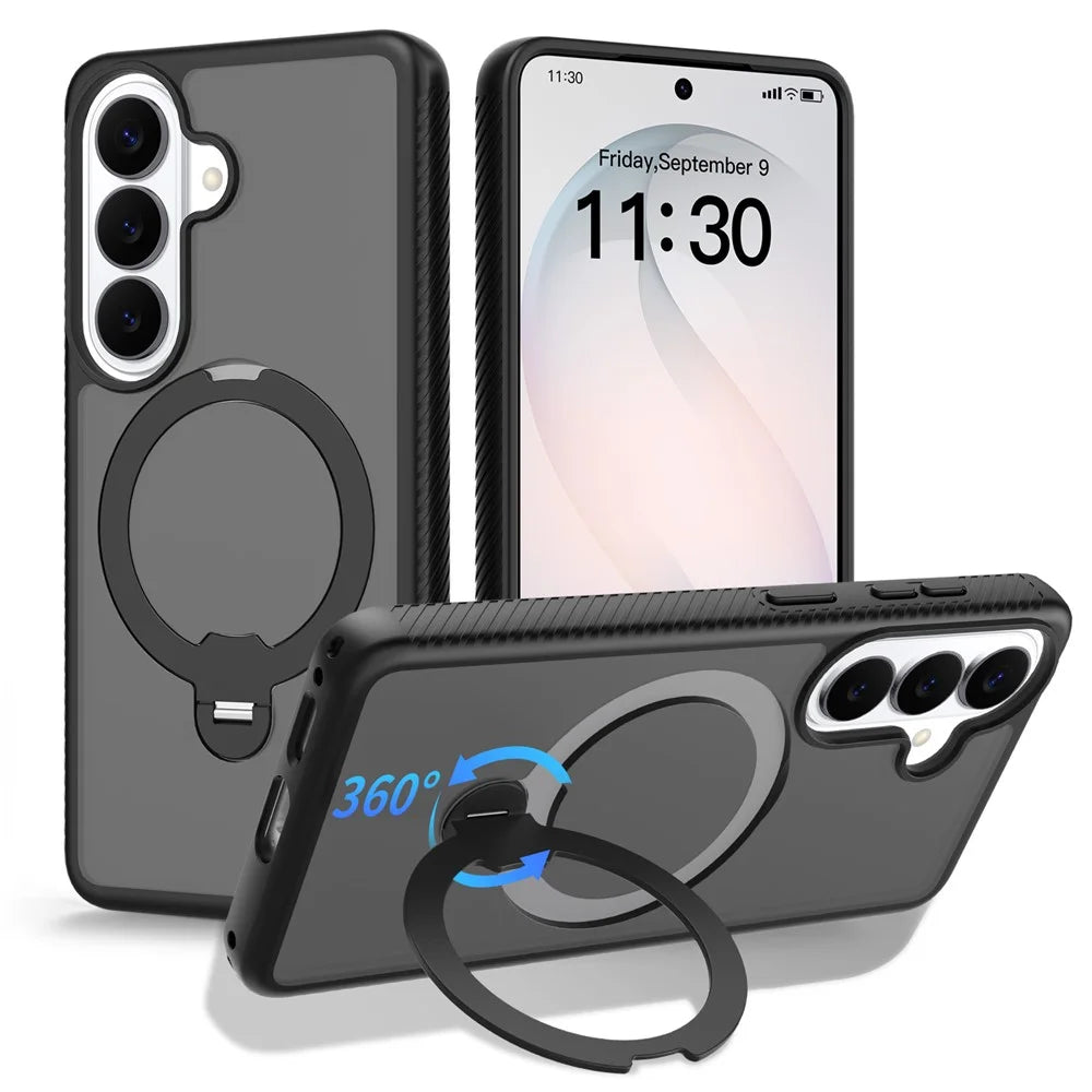 For Samsung Galaxy S26 Magnetic Case Rotary Kickstand PC + TPU Shockproof Phone Cover - Black - 1