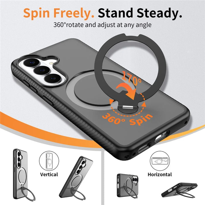 For Samsung Galaxy S26 Magnetic Case Rotary Kickstand PC + TPU Shockproof Phone Cover - Black - 6