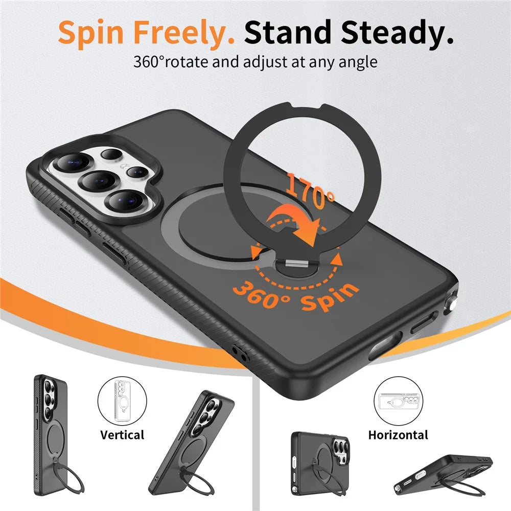 For Samsung Galaxy S26 Ultra Magnetic Case Rotary Kickstand PC + TPU Shockproof Phone Cover - Black - 6