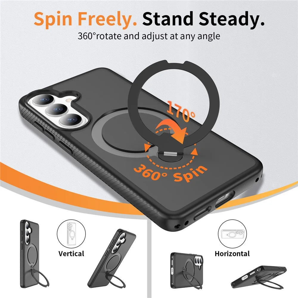 For Samsung Galaxy S26+ Magnetic Case Rotary Kickstand PC + TPU Shockproof Phone Cover - Black - 6