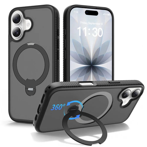 For iPhone 17 Magnetic Case Compatible with MagSafe Rotary Kickstand PC + TPU Shockproof Phone Cover - Black - 1