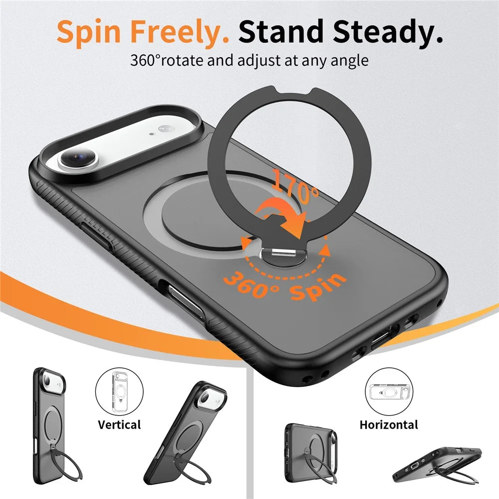 For iPhone Air Magnetic Case Compatible with MagSafe Rotary Kickstand PC + TPU Shockproof Phone Cover - Black - 6