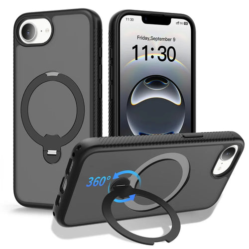 For iPhone 17e / 16e Magnetic Case Compatible with MagSafe Rotary Kickstand PC + TPU Shockproof Phone Cover - Black - 1