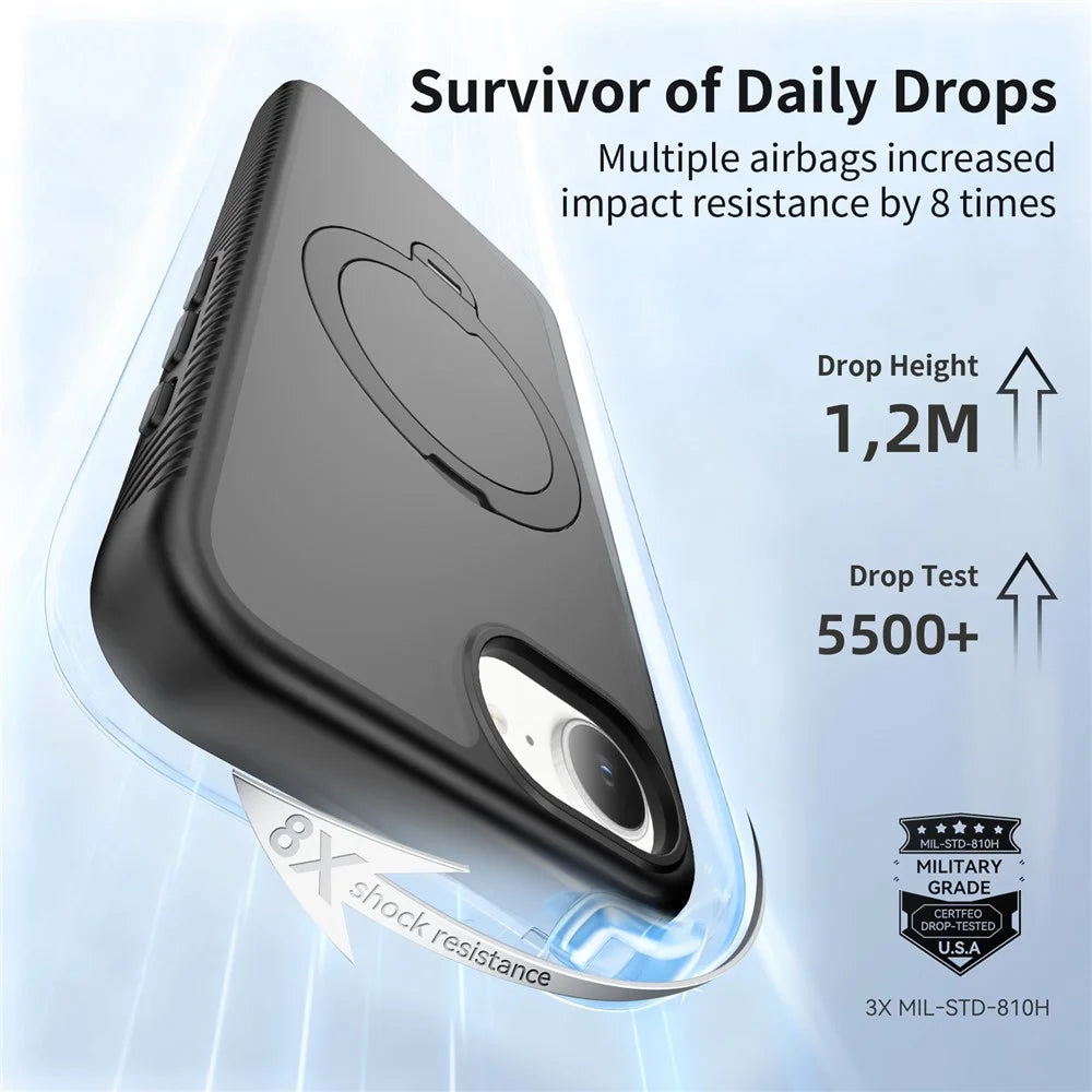 For iPhone 17e / 16e Magnetic Case Compatible with MagSafe Rotary Kickstand PC + TPU Shockproof Phone Cover - Black - 2