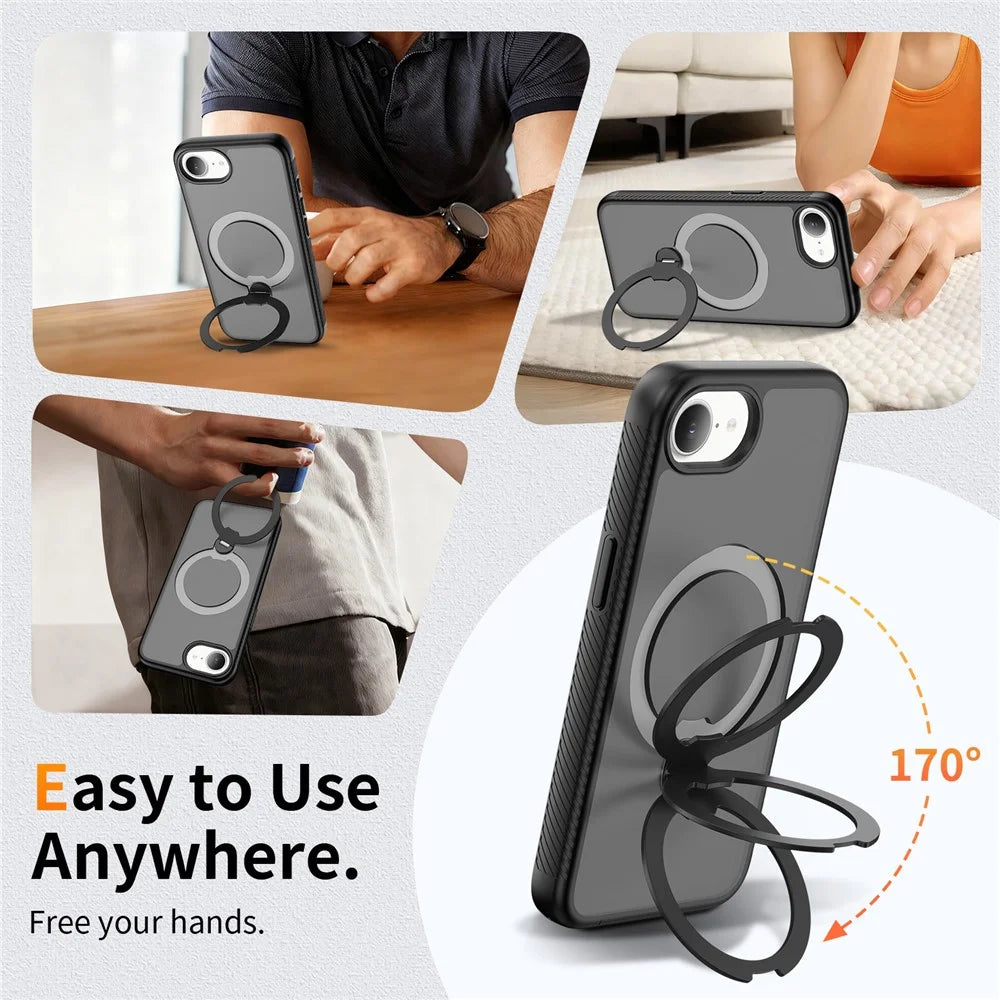 For iPhone 17e / 16e Magnetic Case Compatible with MagSafe Rotary Kickstand PC + TPU Shockproof Phone Cover - Black - 4
