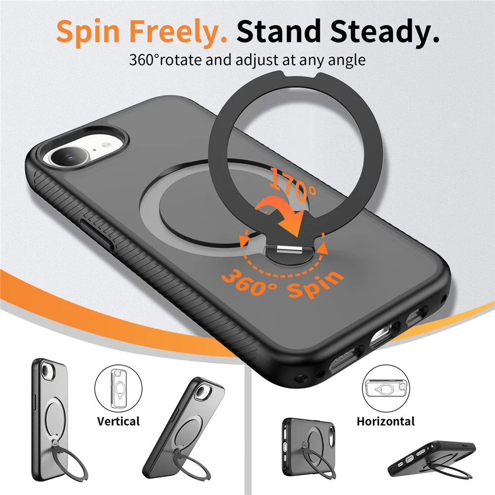 For iPhone 17e / 16e Magnetic Case Compatible with MagSafe Rotary Kickstand PC + TPU Shockproof Phone Cover - Black - 6