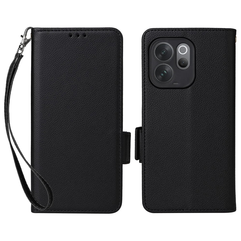 For vivo V70 5G  /  V70 Elite 5G Litchi Texture Wallet Leather Phone Cover with Wrist Strap - Black - 1